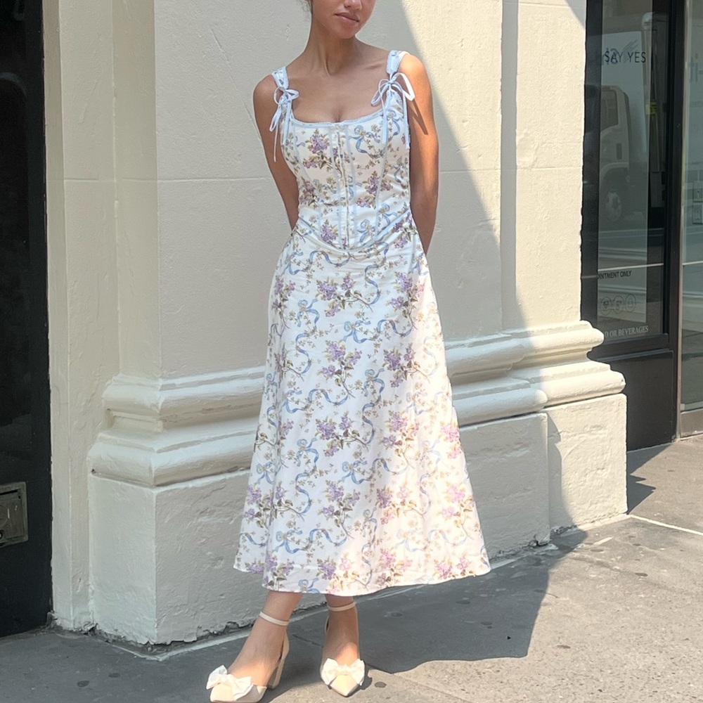 House of CB Dionne Off White Floral Print Cotton MIDI Dress - Picture 6 of 11